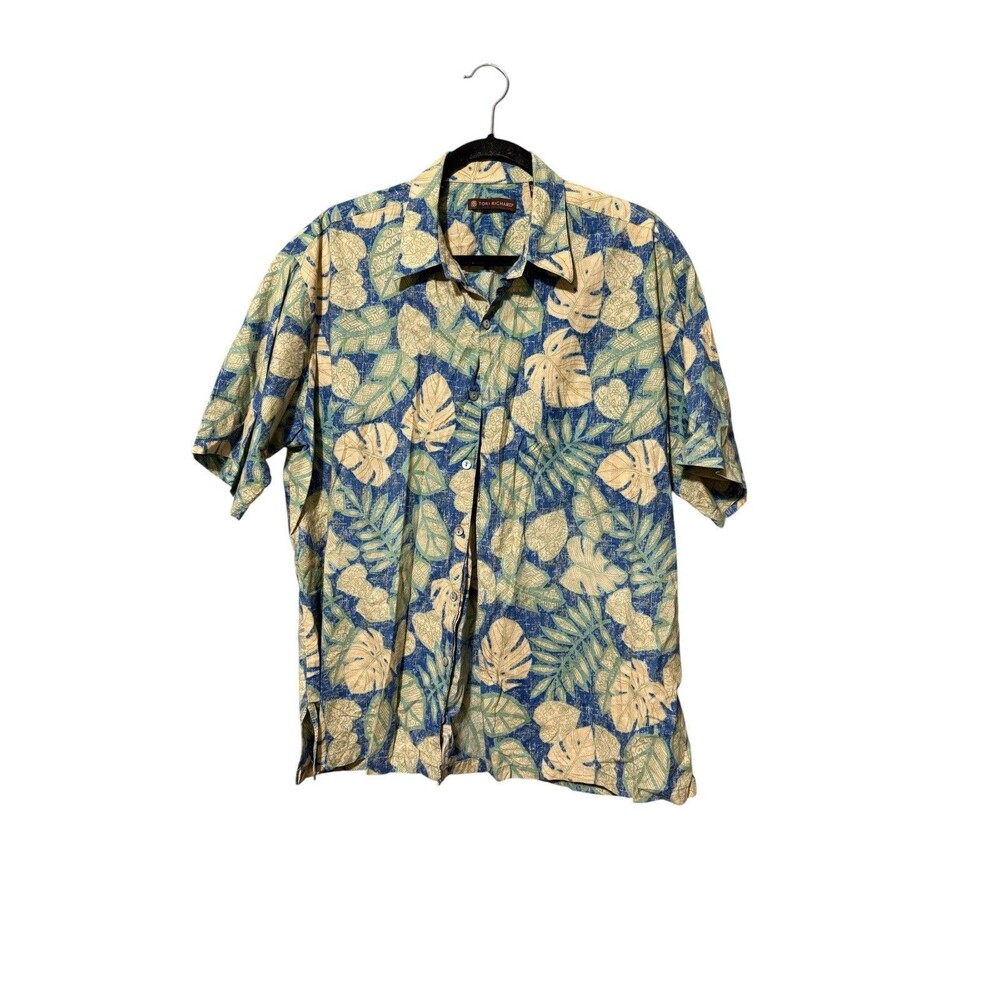 Tori Richard Hawaiian Shirt Cotton Lawn Tropical Leaf Print Blue Tan Size L